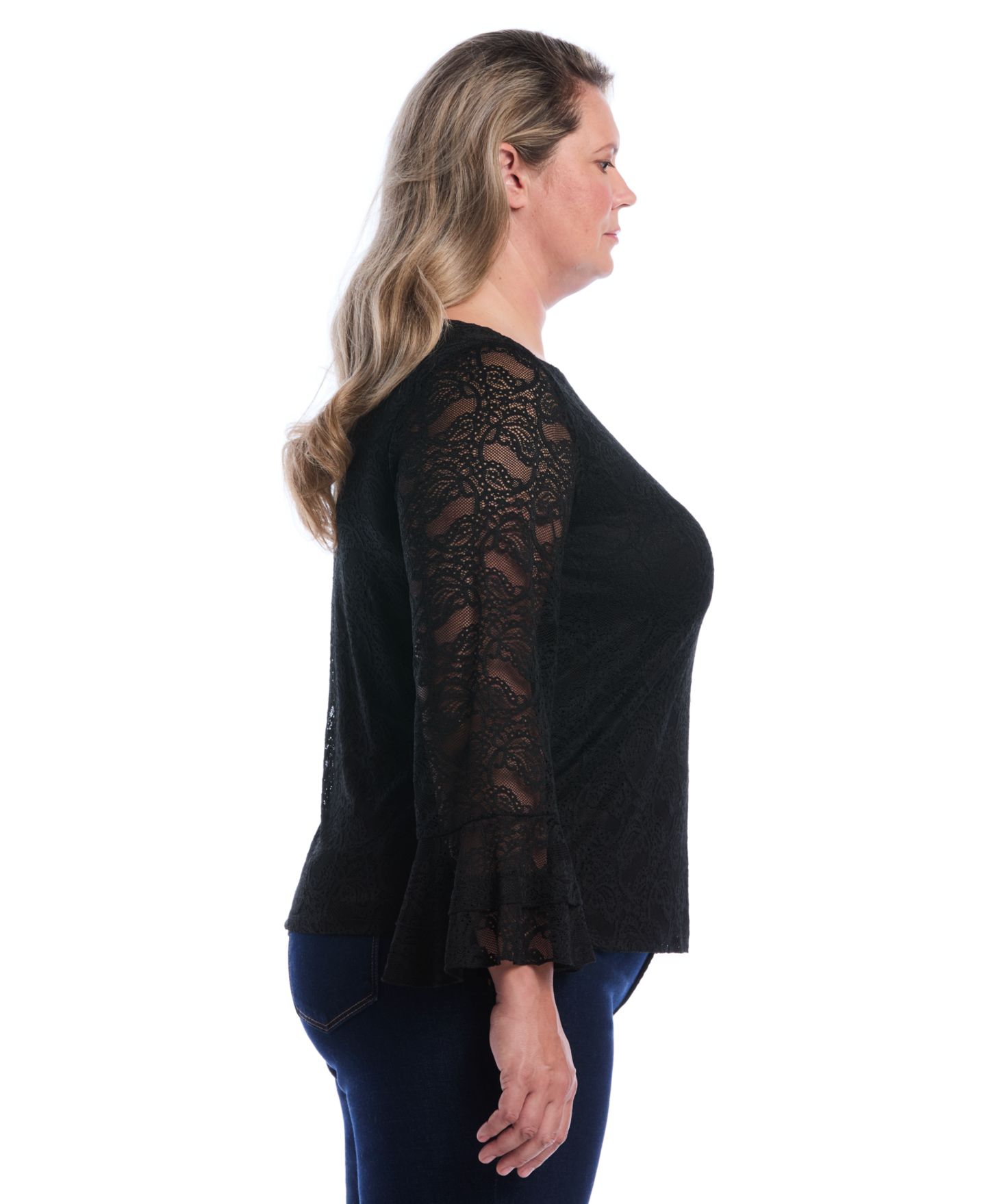 Женская блузка Rafaella Plus Size Lace Ruffle Sleeve B Boatneck, цвет: Чёрный — фото 3