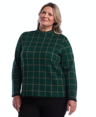 Women's Plus Size Plaid Print Mock Neck Long Sleeve Sweater