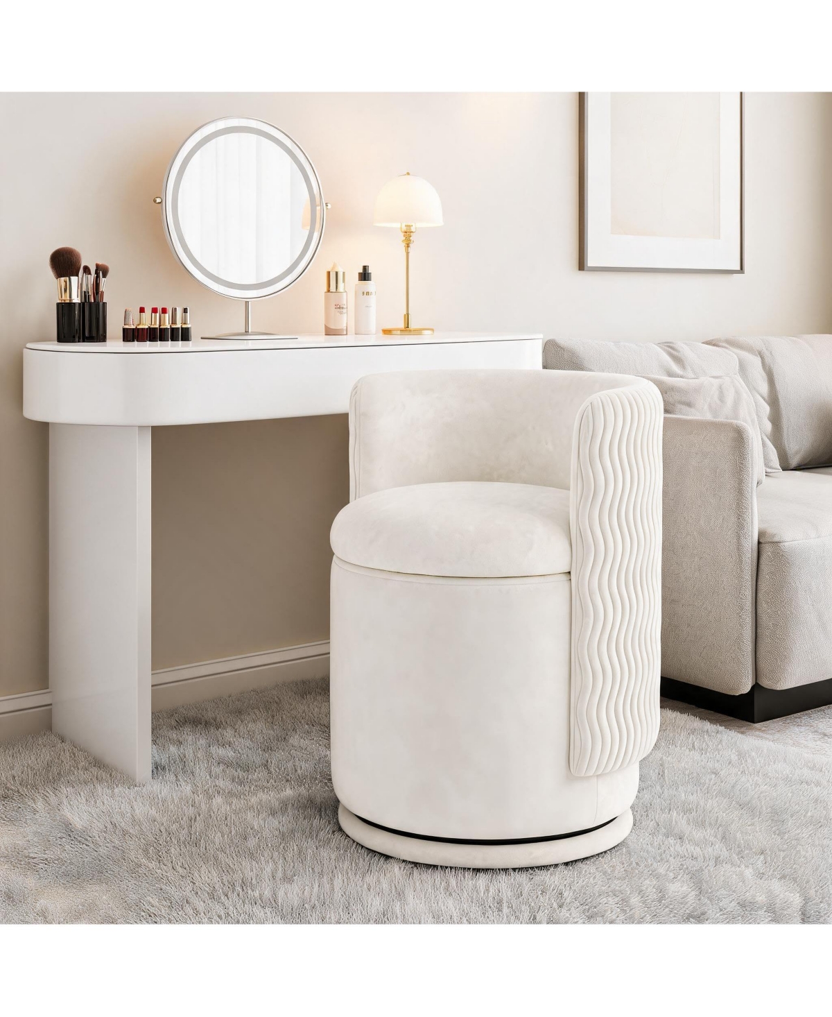 Gaomon 360degree(s) Swivel Vanity Chair with Hidden Storage, Back Support, Modern Round Upholstered Closet Stool, Accent for Bedroom Dressing Ro