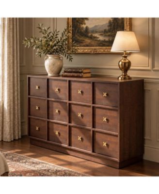 47" Wide Wooden Chest of Drawers, 6-Drawer Farmhouse Dresser, Metal Handles, Anti-Tipping Design, Bedroom Storage Organizer Unit