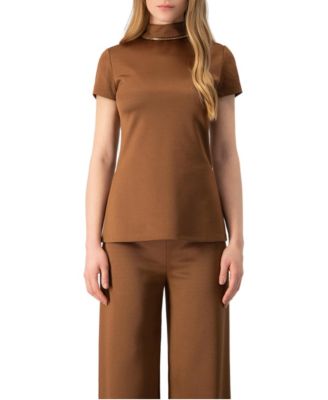 Women's High-Neck Short-Sleeve Side-Slit Blouse