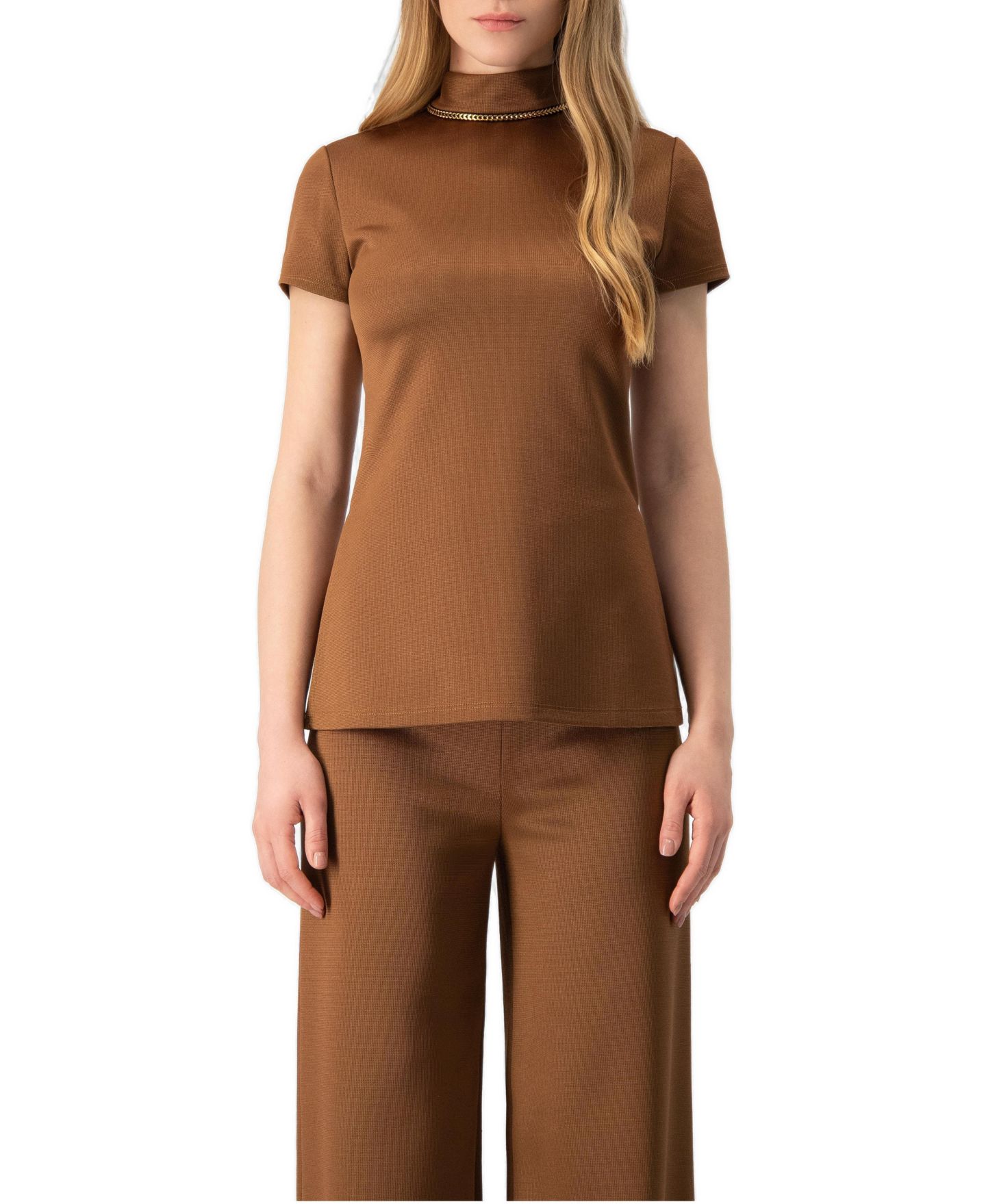 Женская блузка Ivonne High-Neck Short-Sleeve Side-Slit, цвет: Верблюжий — фото 1