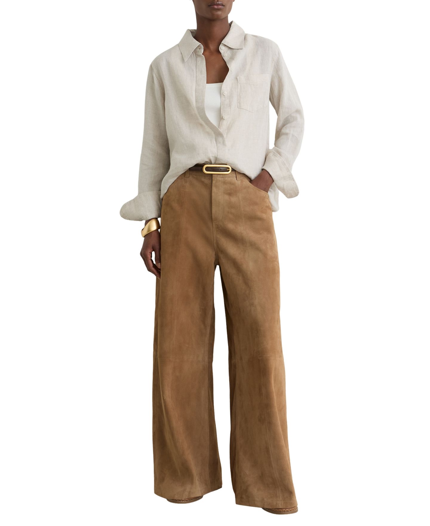Женская рубашка REISS Belle Linen Long Sleeve, цвет: Бежевый — фото 2