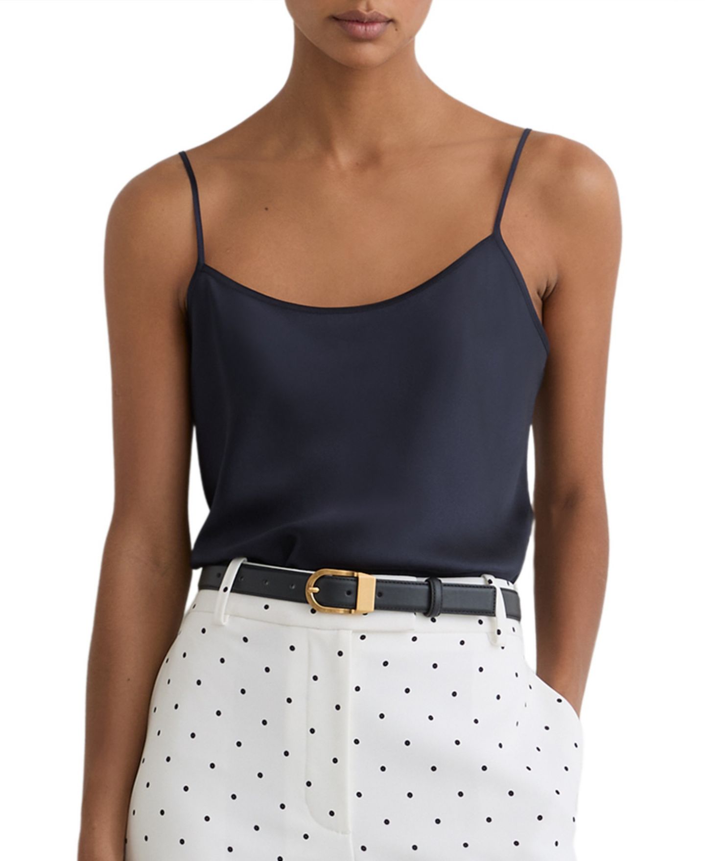 Женский топ REISS Corey Silk Scoop Neck Adjustable Spaghetti Straps Camisole, цвет: Тёмно-синий — фото 1