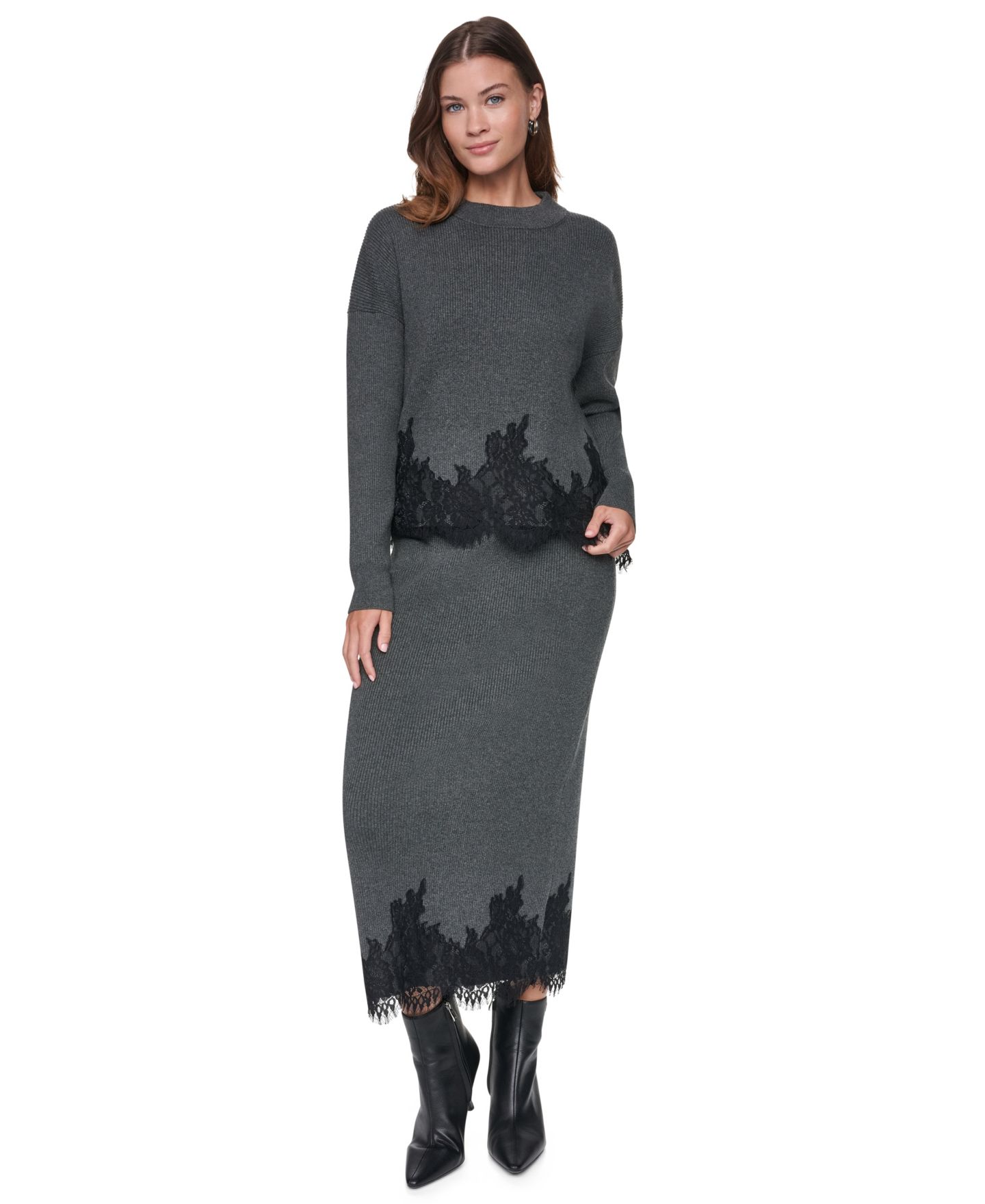 Женская юбка DKNY Lace-Trim High-Waisted Midi, цвет: Асфальтовый — фото 7