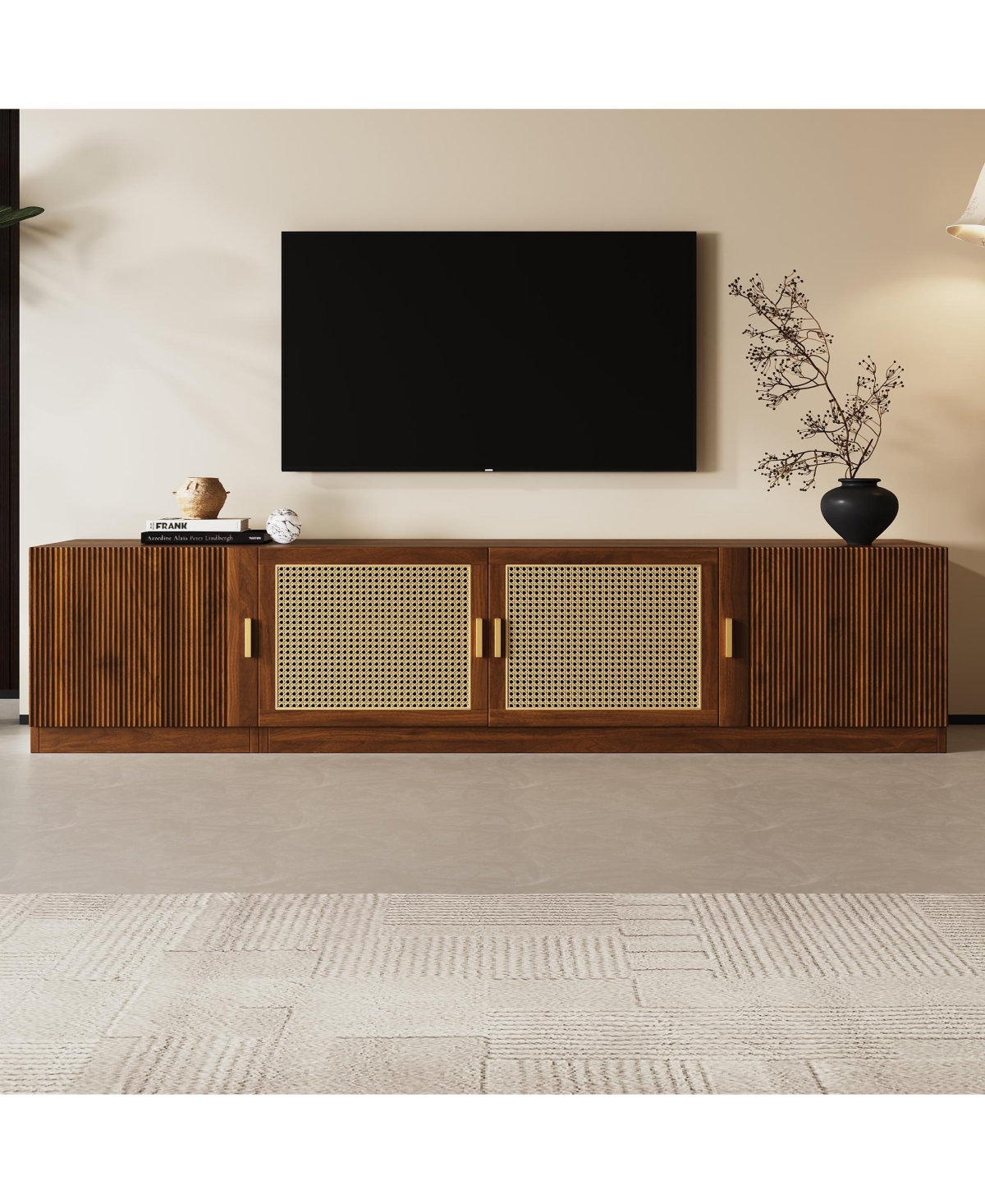 Flynama 78.7 Inch Walnut Tv Stand with Rattan Doors and Adjustable Shelves for 85 Inch Tv