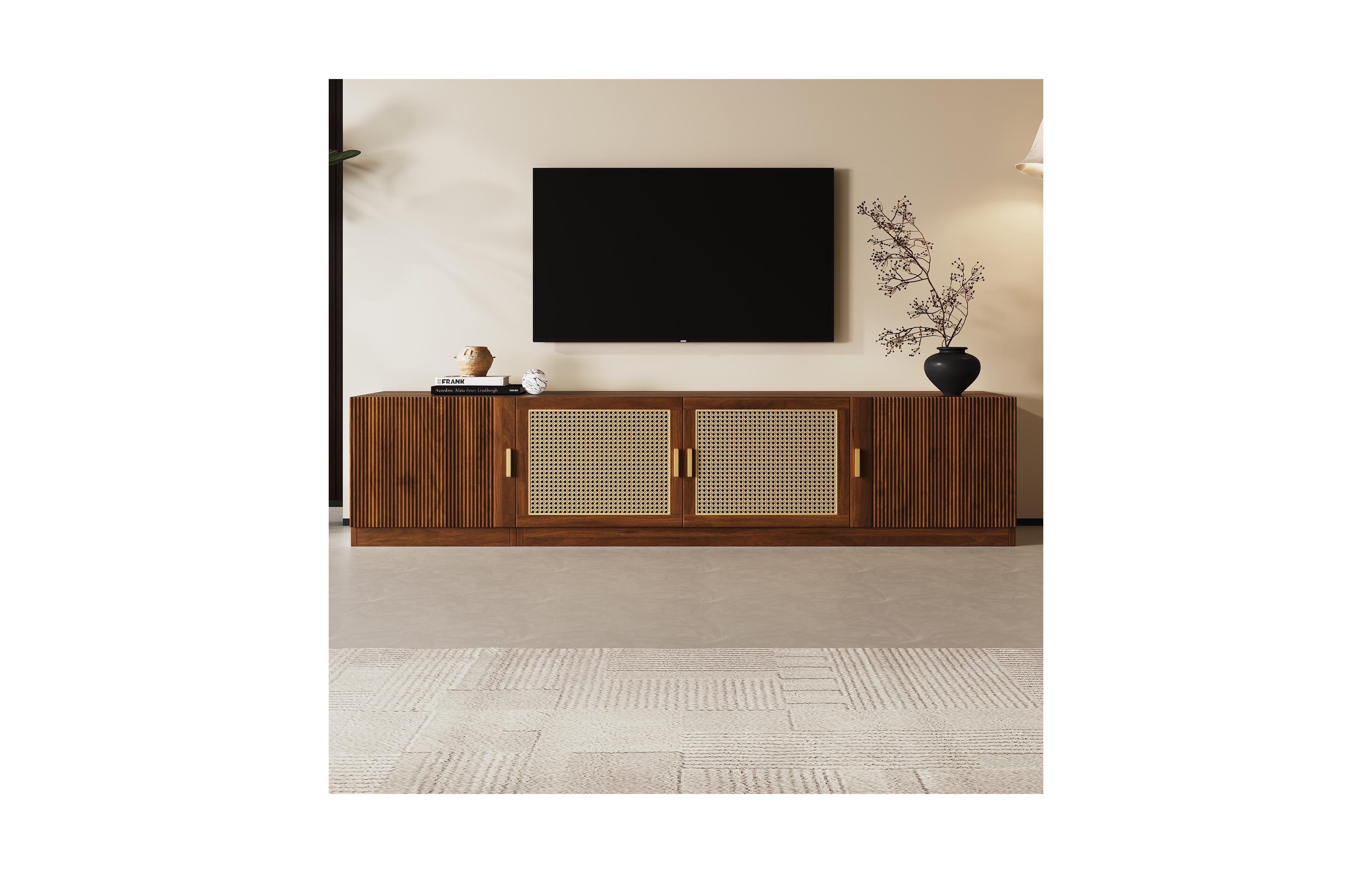 Flynama 78.7 Inch Walnut Tv Stand with Rattan Doors and Adjustable Shelves for 85 Inch Tv