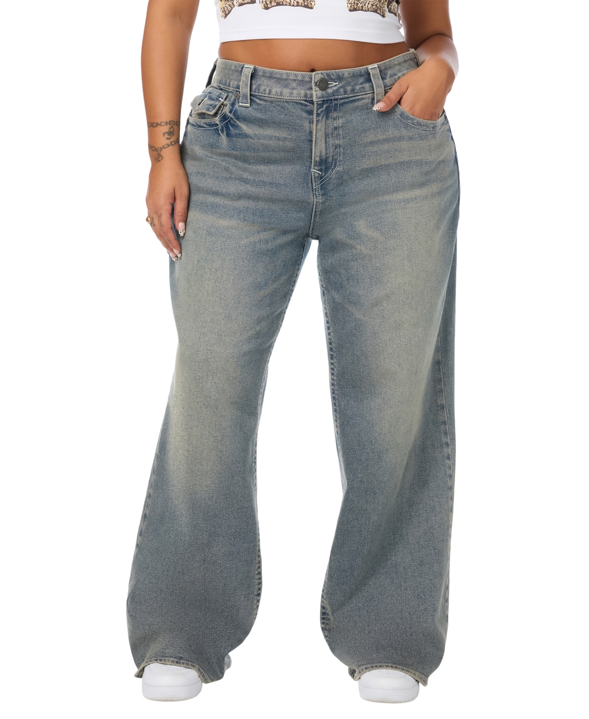 True Religion Women's Bobbi Baggy Flap Mid Rise Jeans