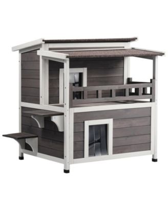 2-Story Outdoor Wooden Cat House with Balcony PVC Door Flaps and Open Roof 30in x 30in x 32in
