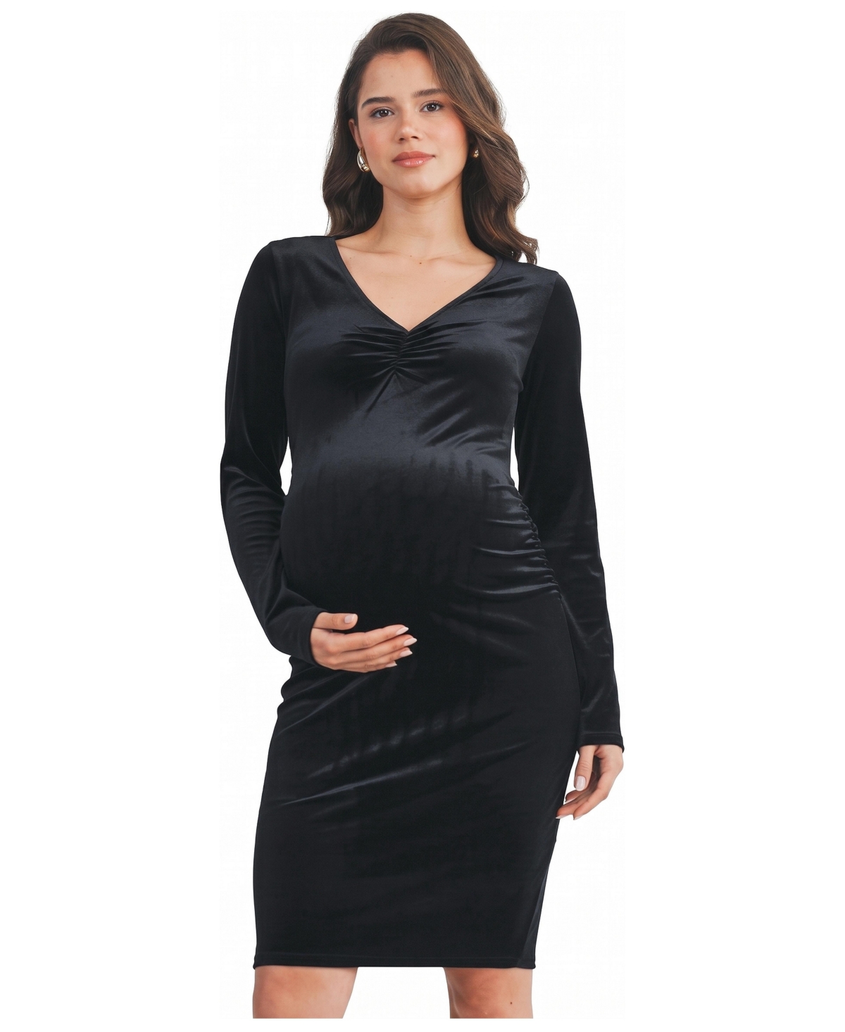 Hello Miz Women's Velvet Side Ruched Long Sleeve Dress