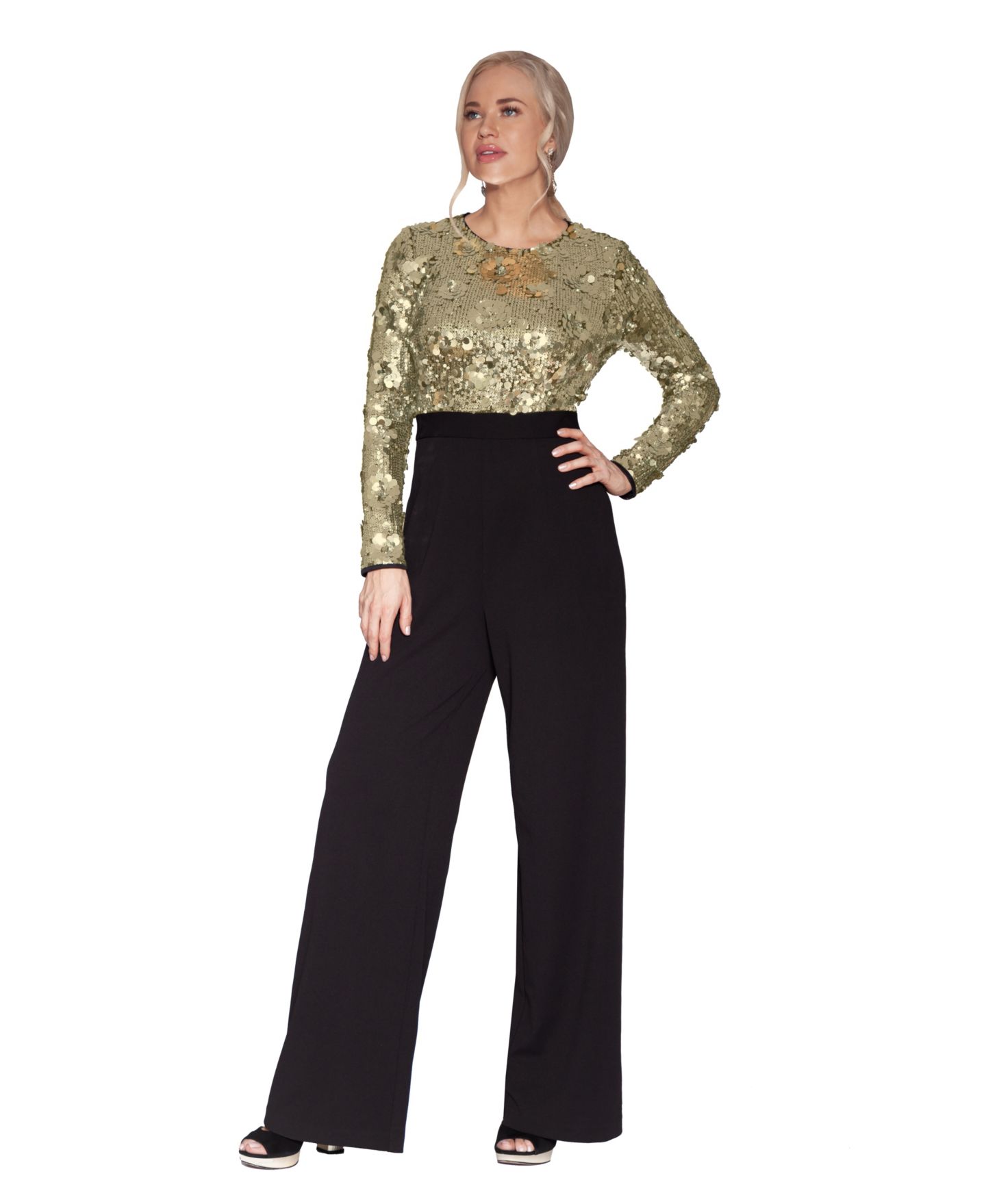 Женский комбинезон WHITE TIE by Shani Sequin Long-Sleeve Wide-Leg Jumpsuit, цвет: Чёрный золотой — фото 1