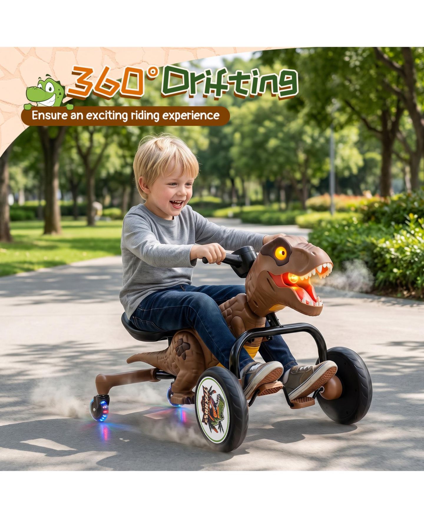 Детская игрушка Costway Dinosaur Drift Tricycle with Lights & Mist Spray, 66 lb. Capacity, Ages 3-8, цвет: Коричневый — фото 4