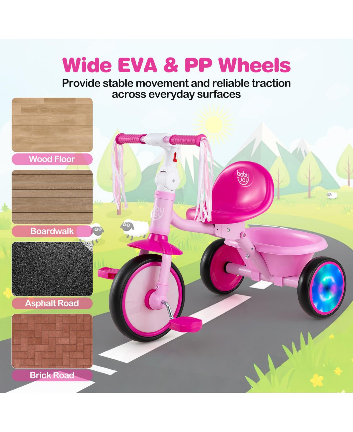Детская игрушка Costway Foldable Toddler Tricycle with Light-Up Wheels and Adjustable Seat, 55 lb. Capacity, Ages 2-5, цвет: Розовый — фото 9