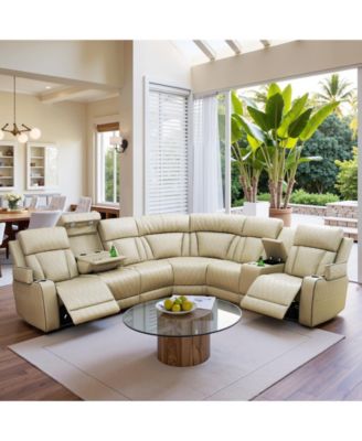 211" Straight Arm Leather L-Shape Recliner Sofa Set, 6-Seat Sectional with USB and Cup Holders for Living Room