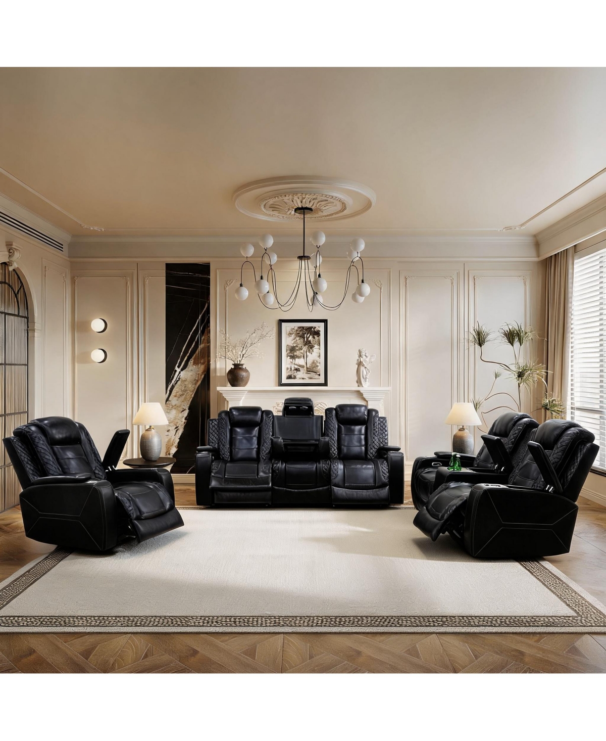 Tribesigns 210 in. L-Shape Recliner Sofa Set, Leather Sectional Sofa with 6 Seats, Usb, Wireless Charging, Led Lights and Electric Reclining - Black