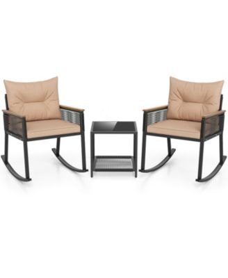 3-Piece Outdoor PE Rattan Rocking Bistro Set with 2-Tier Coffee Table