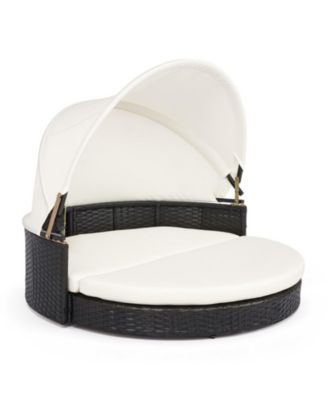 Wicker Dog House with Retractable Canopy and Removable Cushion for Small Medium Dogs