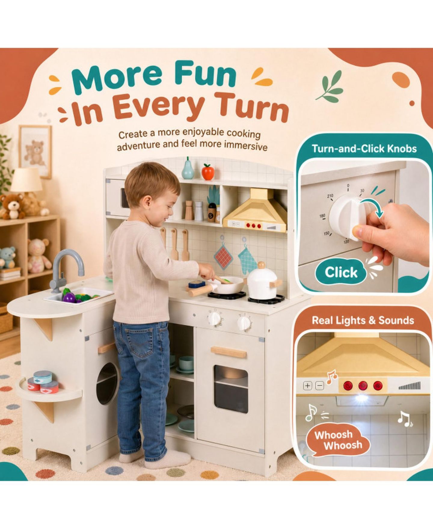 Детская игрушка HONGGE Lights and Sounds Wooden Play Kitchen, Ages 3+ — фото 7