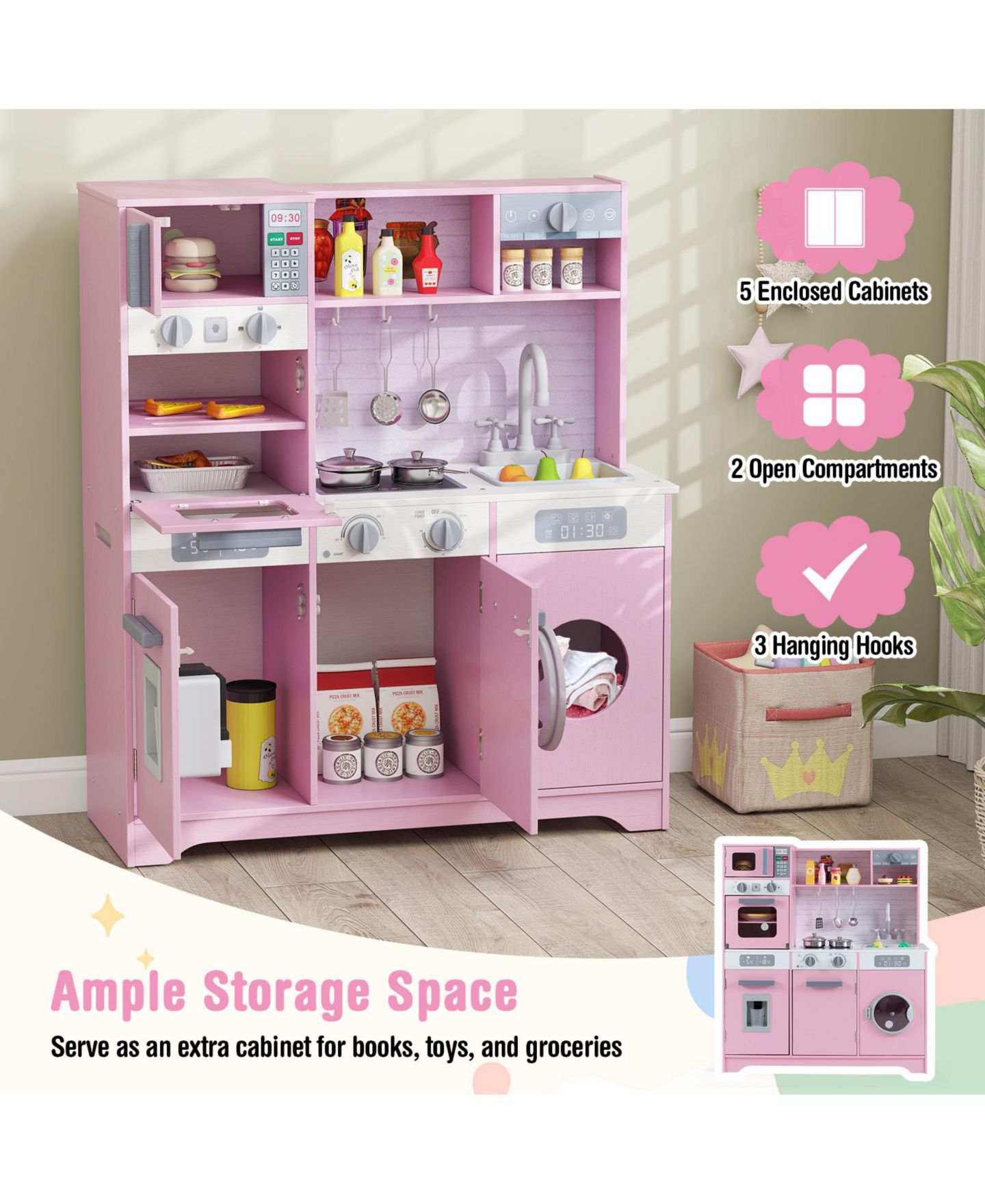 Детские игрушки HONGGE Clicking-Knobs Washing Machine Door Pretend Play Kitchen Set, Ages 3+, цвет: Розовый — фото 6