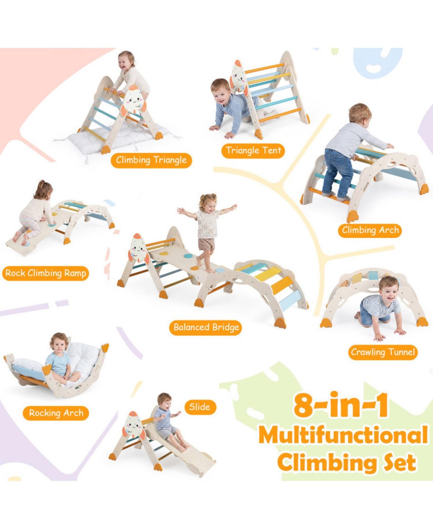 Детский игровой набор HONGGE 8-in-1 Climbing Playset, 4-Piece, Ages 1+, цвет: Пастельный — фото 4