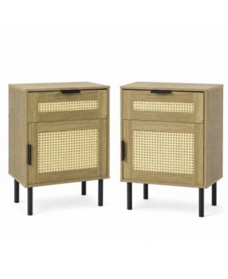 Boho Rattan Nightstand Set of 2 with Cabinet Storage