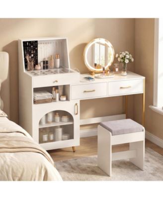Makeup Vanity Desk Set Featuring Lighted Rotating Mirror