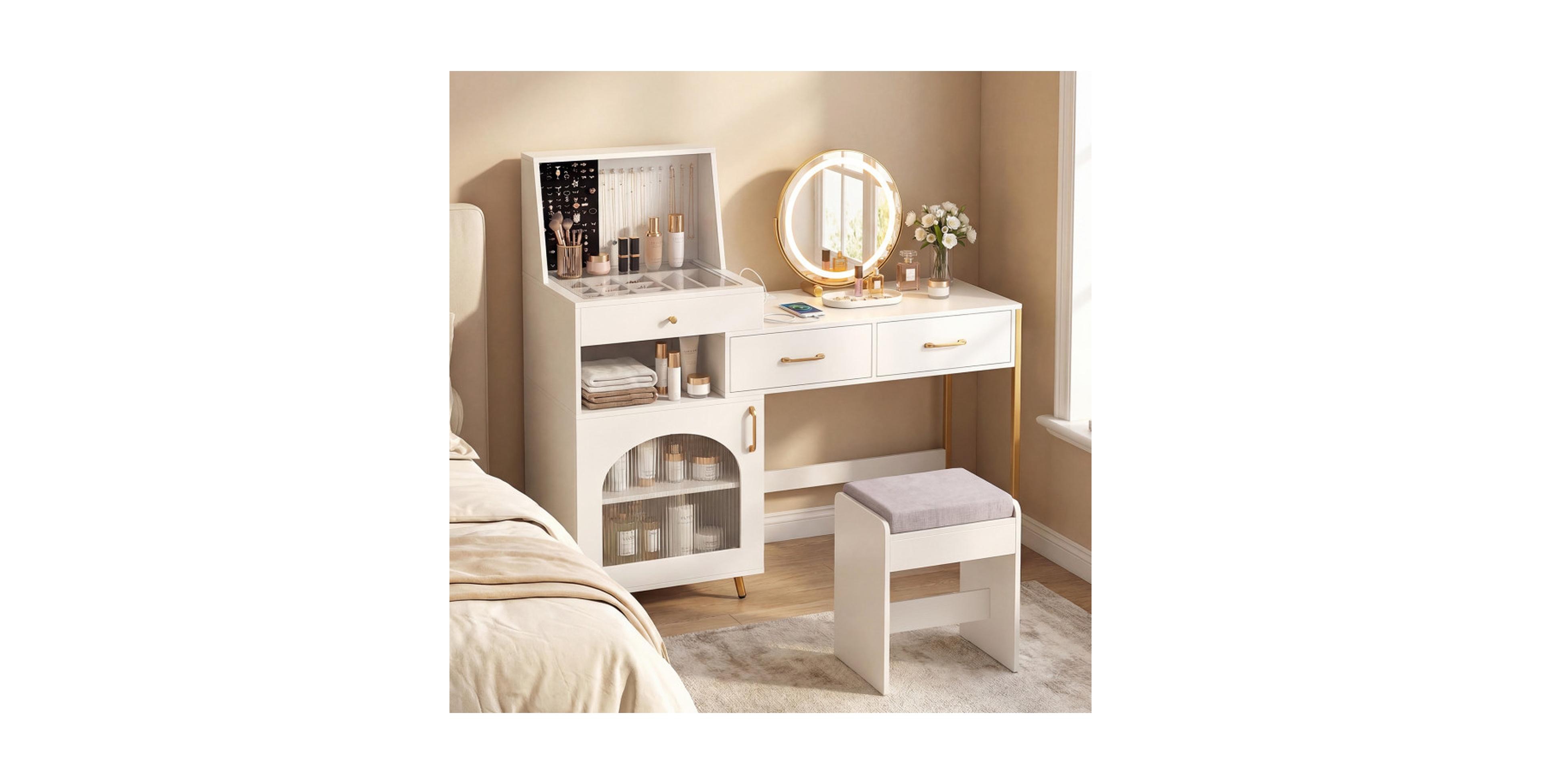 Gouun Makeup Vanity Desk Set Featuring Lighted Rotating Mirror