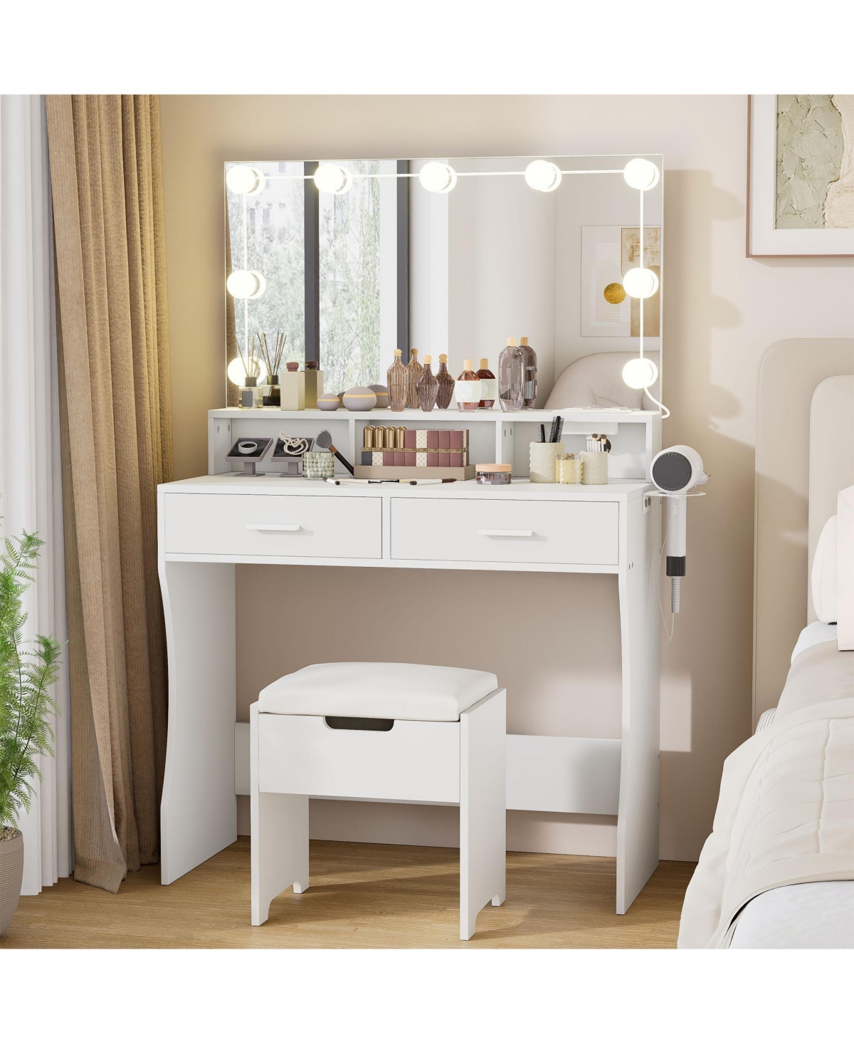 Vabches Makeup Vanity Desk with Mirror, 9 Hollywood Bulbs and 3 Lighting Modes, Dressing Table Set - White