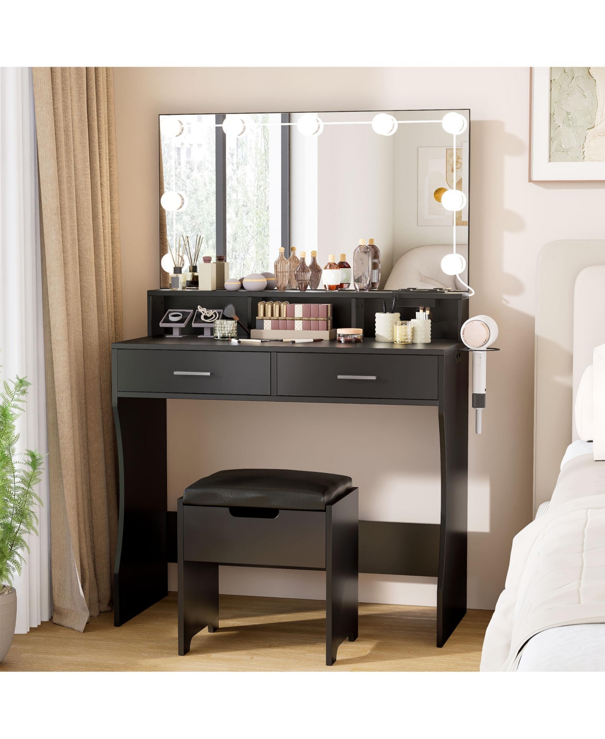 Vabches Makeup Vanity Desk with Mirror, 9 Hollywood Bulbs and 3 Lighting Modes, Dressing Table Set - Black