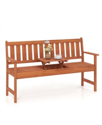 59-Inch Wood Outdoor Bench with Pull-Out Center Table