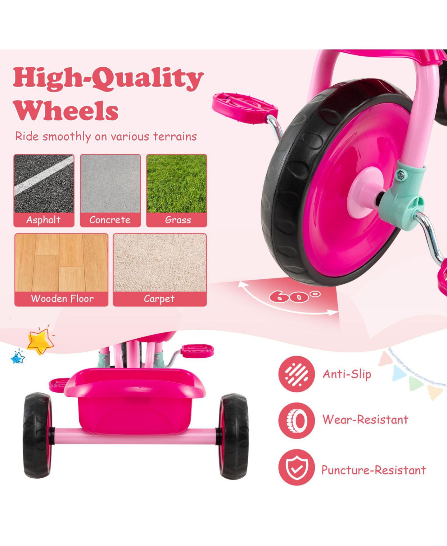 Детская игрушка Costway Toddler Tricycle with Removable Storage Basket, Indoor/Outdoor, 55 lbs Capacity, 2–5 лет, цвет: Розовый — фото 6