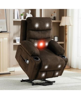 Corduroy Power Lift Recliner Chair for Elderly, Oversized Electric Lift Sofa with Heat and Massage, Cup Holders, USB Port and Side Pocket