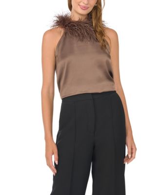 Women's Sleeveless Satin Feather Neck Halter Top