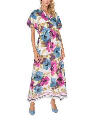 Women's Floral-Print Split-Neck Puff-Sleeve Maxi Dress