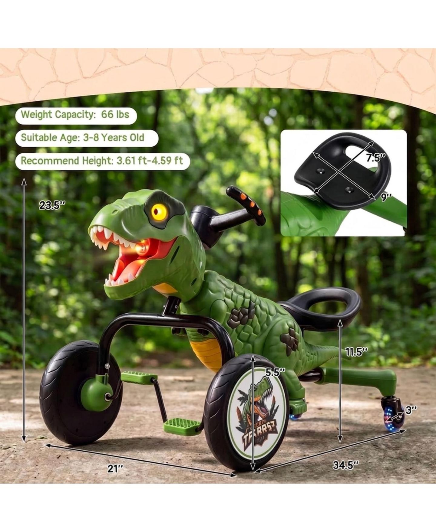 Детская игрушка HONGGE Dinosaur Drift Tricycle with Mist Spray, Roar Sound & Lighted Head, 66 lb Capacity, Ages 3-8, цвет: Зелёный — фото 3