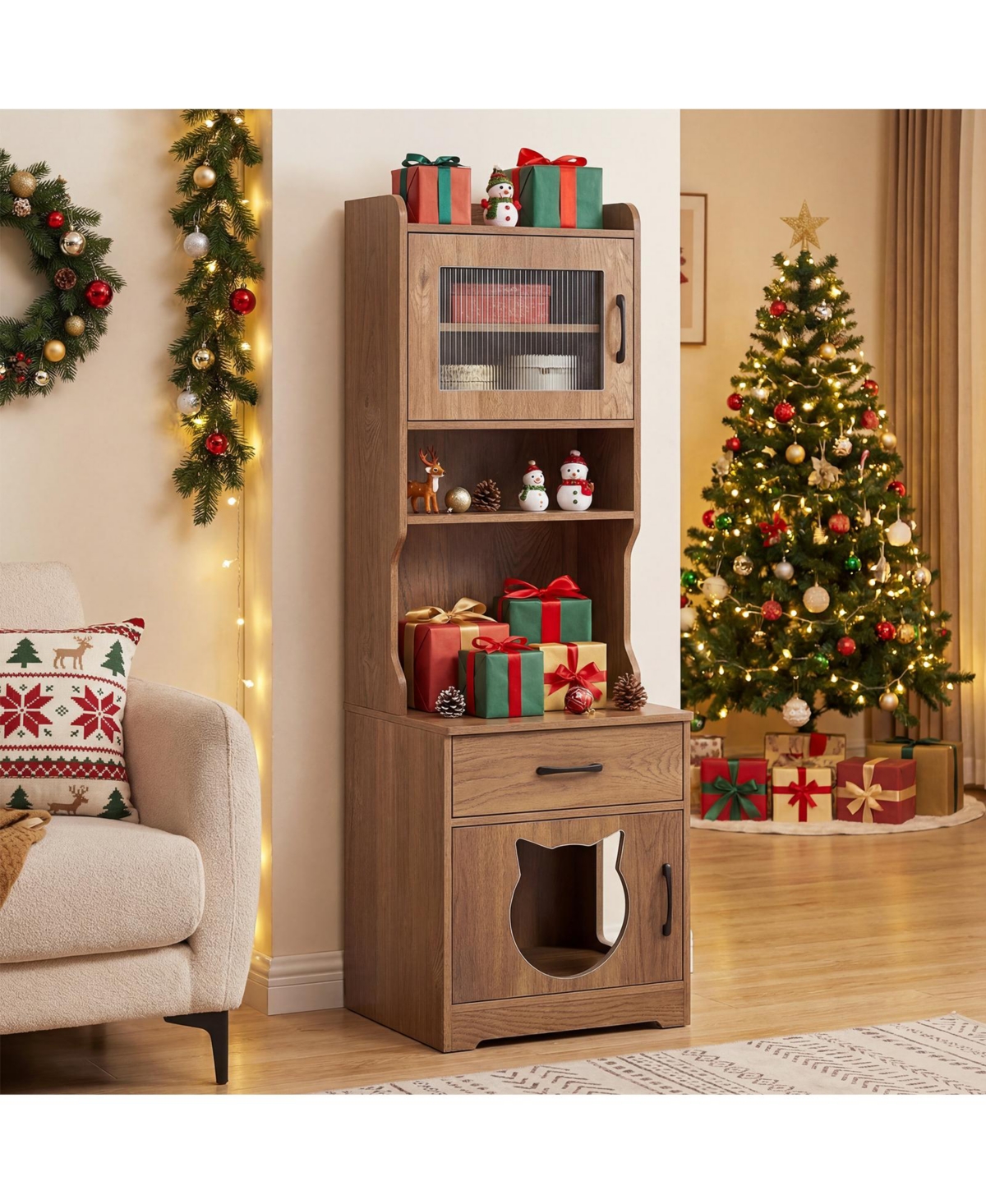 Costway Cat Litter Box Enclosure with Adjustable Led Light Storage Shelves Charging Station