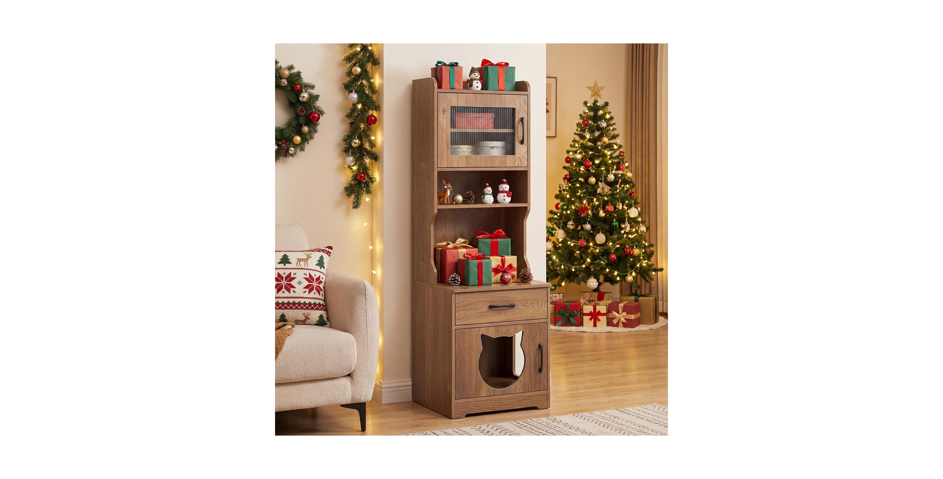 Costway Cat Litter Box Enclosure with Adjustable Led Light Storage Shelves Charging Station