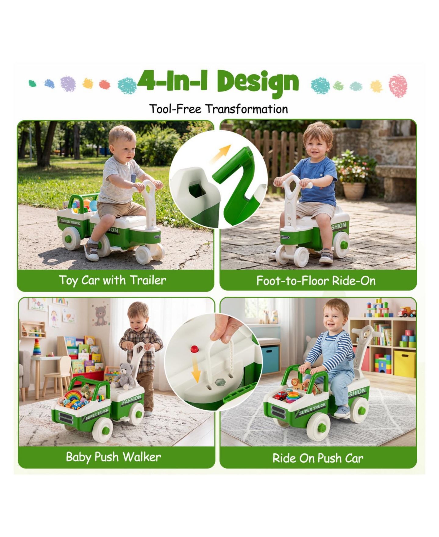 Детская игрушка Mecale 4-in-1 Kids Ride-On Push Car with Music, up to 45 lbs, Ages 1.5–5, цвет: Зелёный — фото 6