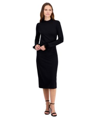 Petite Feather Trim Sheath Long-Sleeve Midi Dress