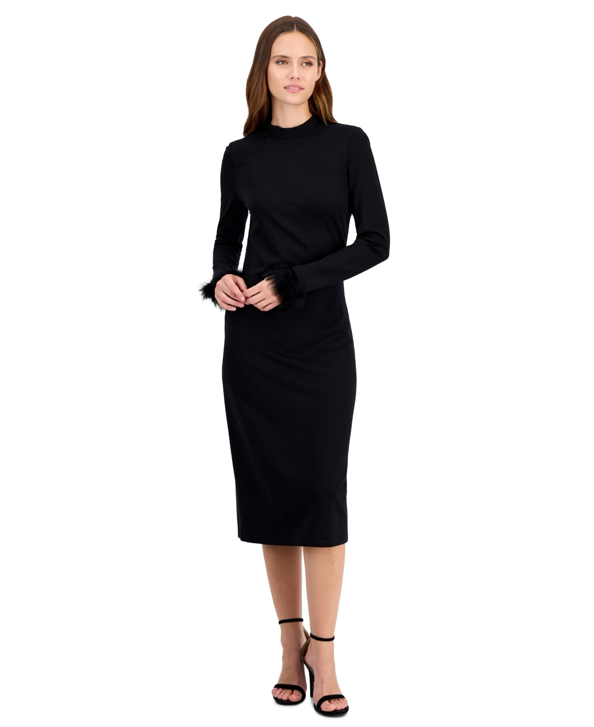 Anne Klein Women's Feather Trim Sheath Long-Sleeve Mock-Neck Midi Dress