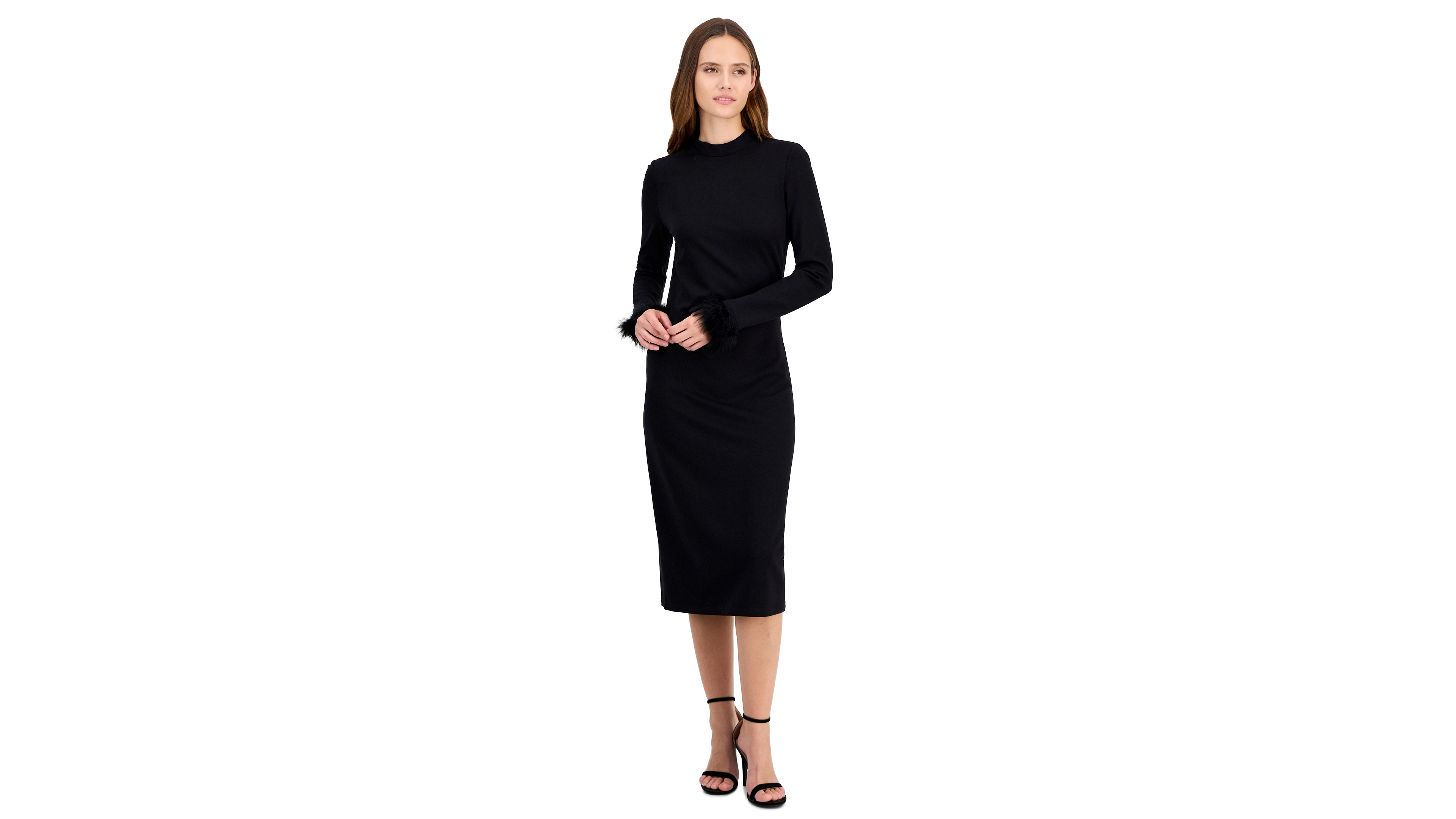 Anne Klein Women's Feather Trim Sheath Long-Sleeve Mock-Neck Midi Dress