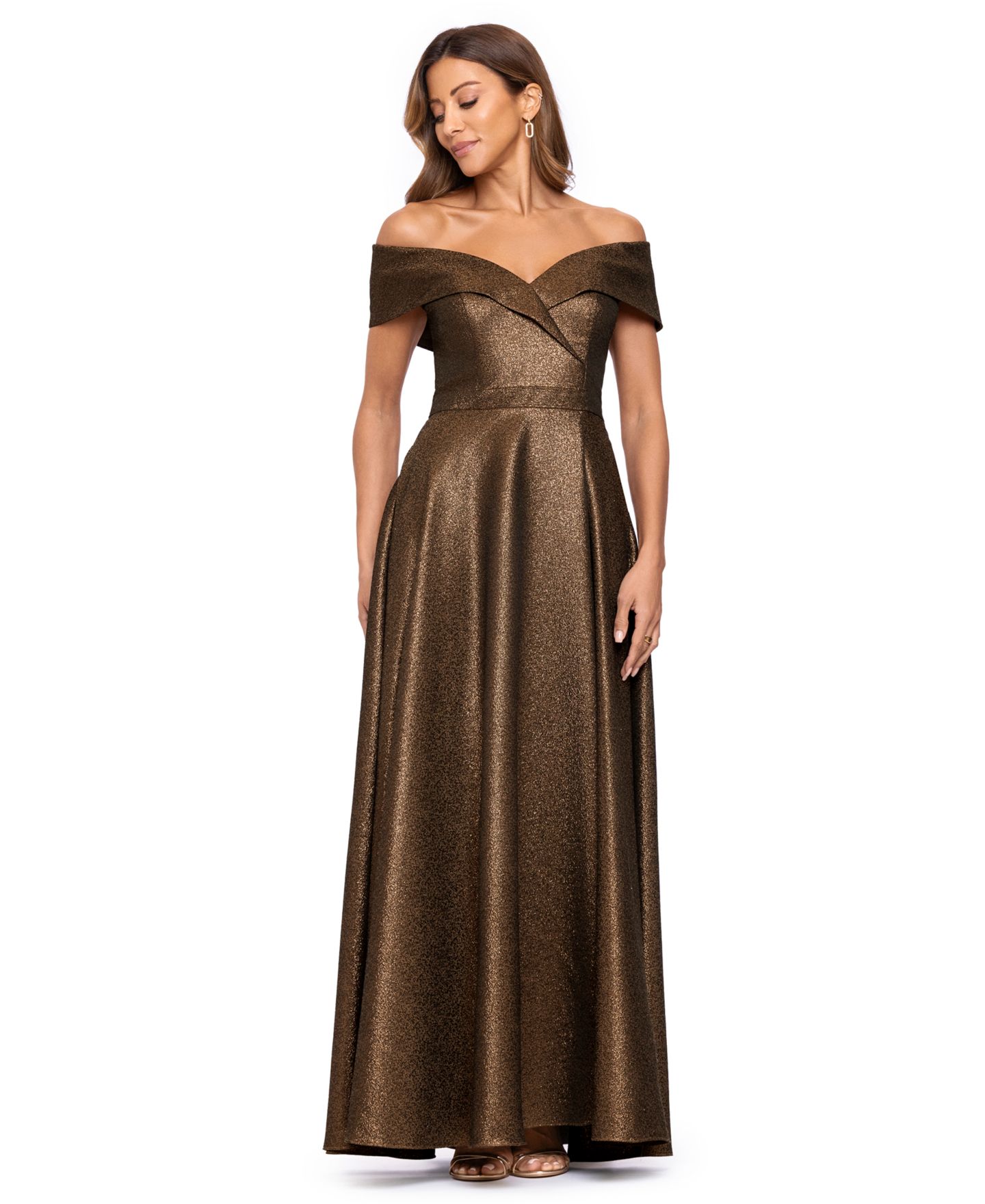 Женское платье XSCAPE Off-the-Shoulder Metallic Jacquard Ball Gown, цвет: Медный — фото 2