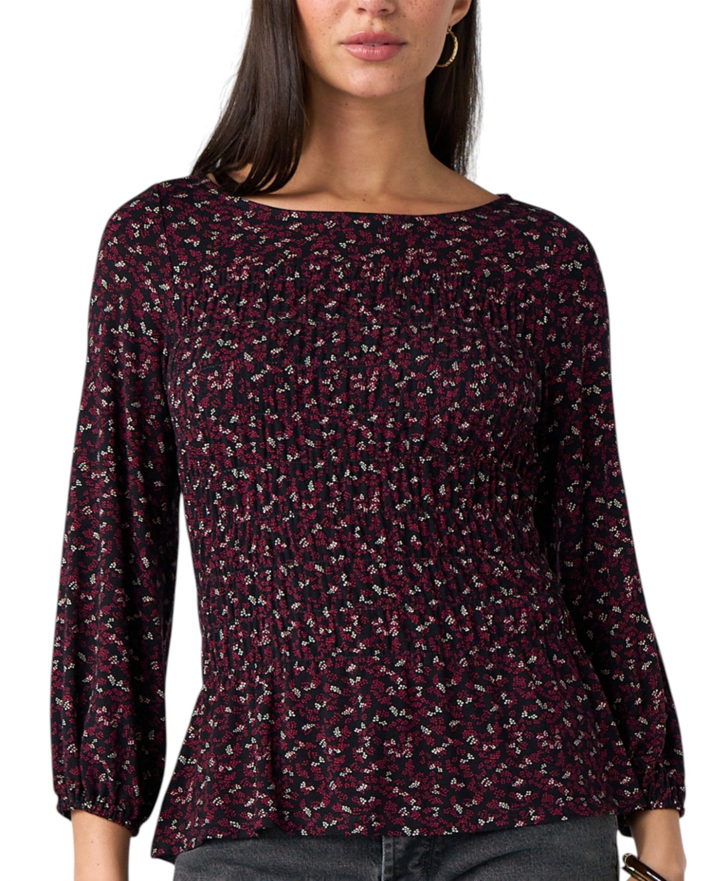 Женская блузка Liverpool Los Angeles Petite 3/4-Sleeve Smocking Blouse, цвет: Бордовый / Чёрный — фото 1