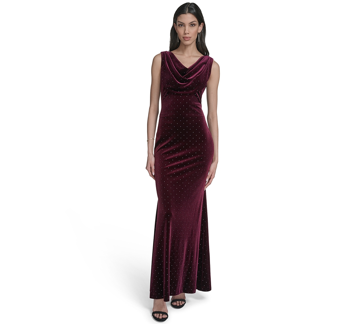 Eliza J Women's Sleeveless Drape-Neck Rhinestone-Embellished Gown - Wine