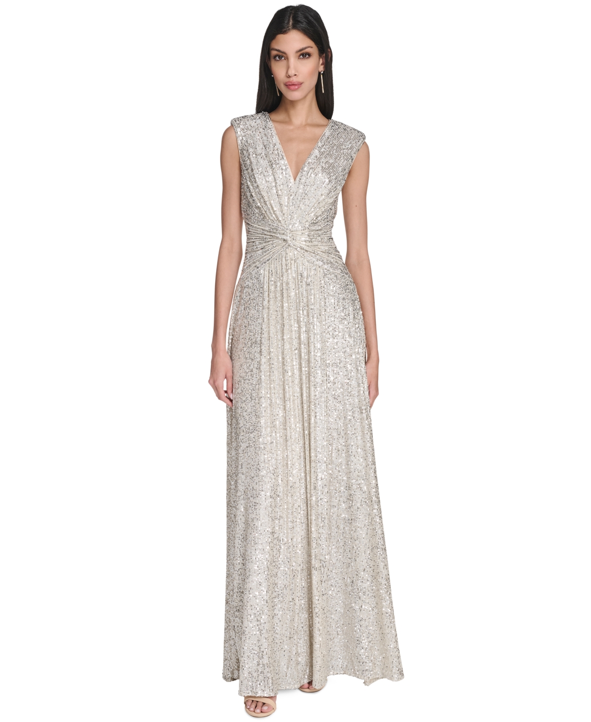 Eliza J Women's Extended Shoulder V-Neck Sequin Gown - Silver