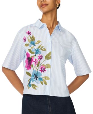 Women's Placement Print Button Up Striped Cropped Blouse