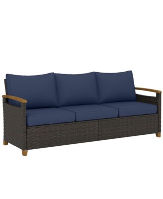 3 Seater Outdoor Couch Sofa, PE Wicker Patio Sofa with Wide Deep Seat, 4" Cushions, Wood-Effect Armrests and Legs