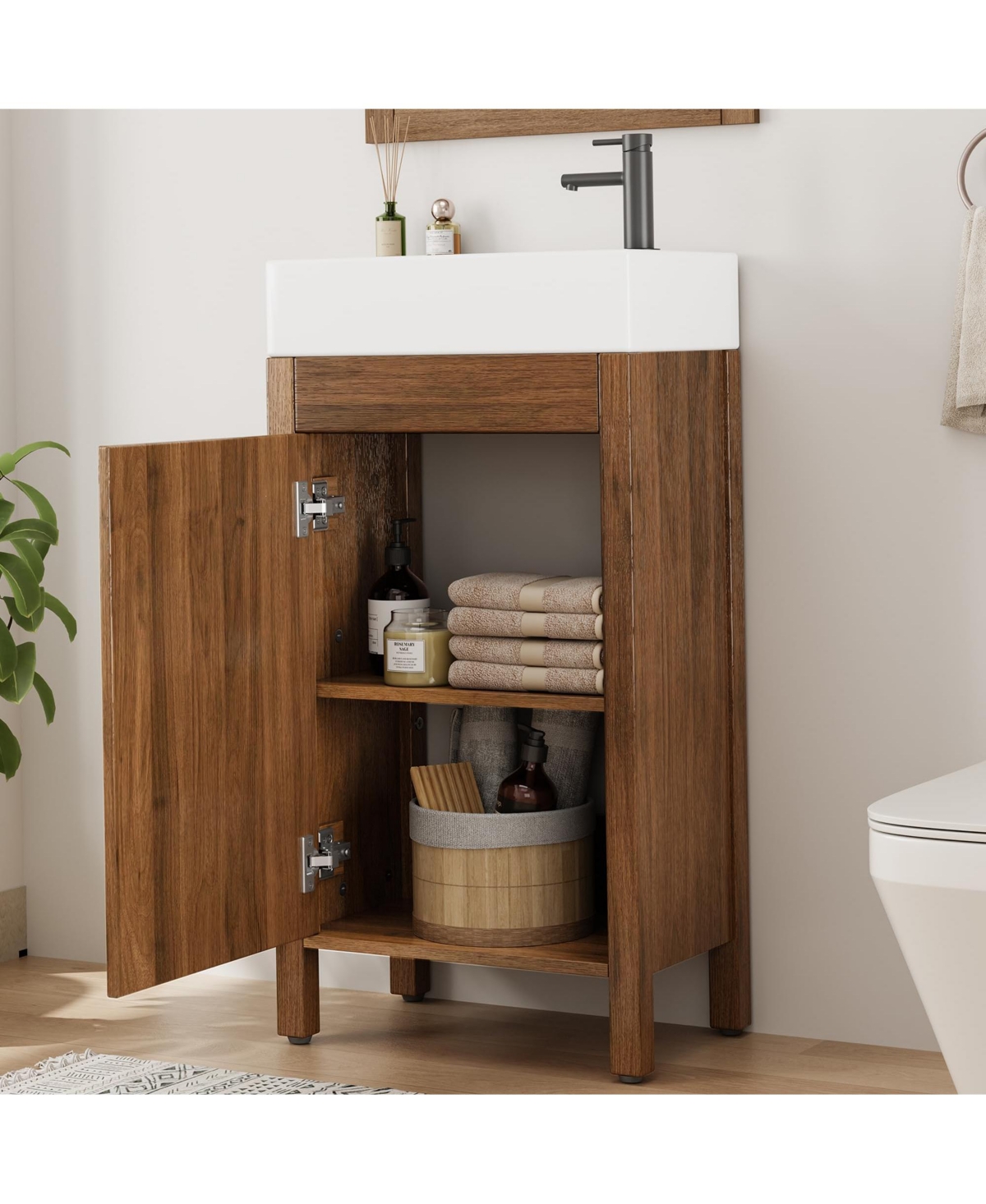 homfan 16 Inch Bathroom Vanity With Sink, Adjustable Feet, Storage Cabinet With Ceramic Basin, Soft-Close Door and Drawer