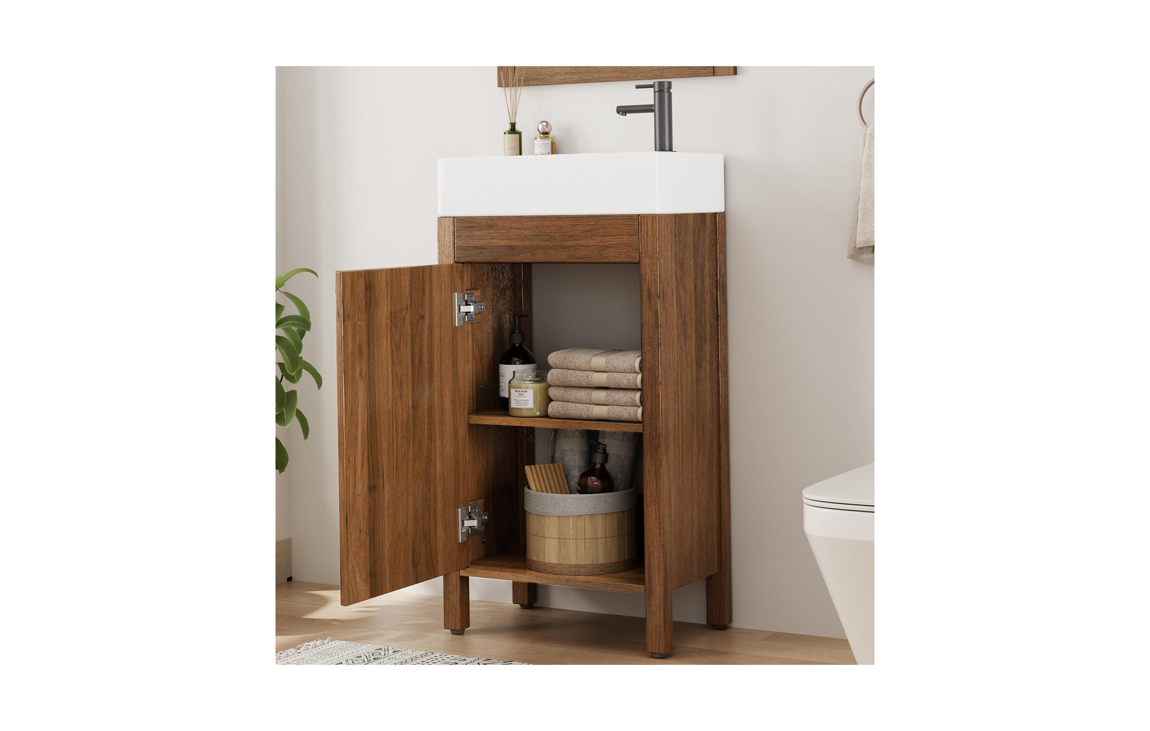 homfan 16 Inch Bathroom Vanity With Sink, Adjustable Feet, Storage Cabinet With Ceramic Basin, Soft-Close Door and Drawer