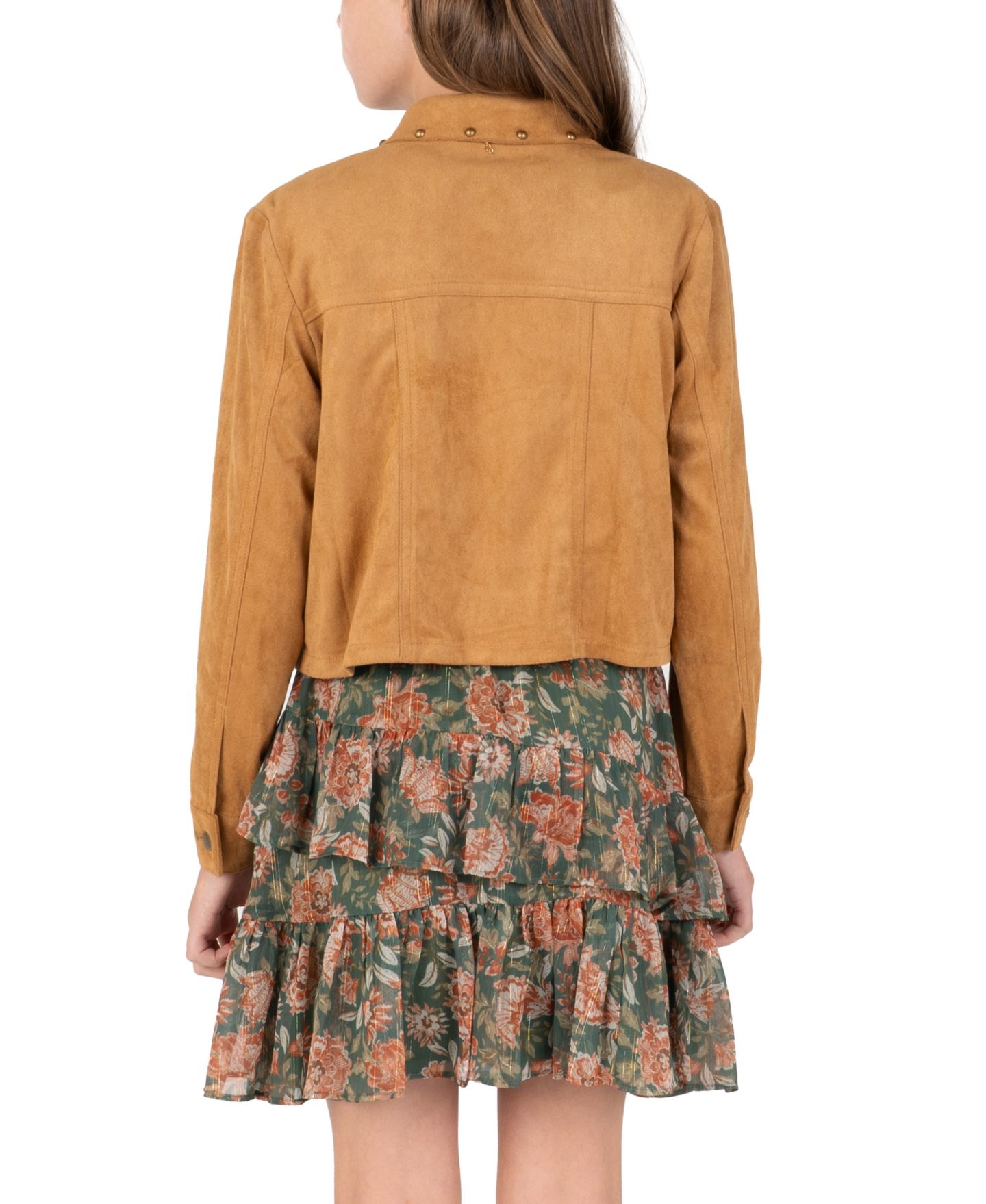 Комплекты Rare Editions Floral-Print Tiered-Ruffle Dress with Faux Suede Jacket and Necklace, 3-Piece Set для девочек, цвет: Оливковый — фото 4